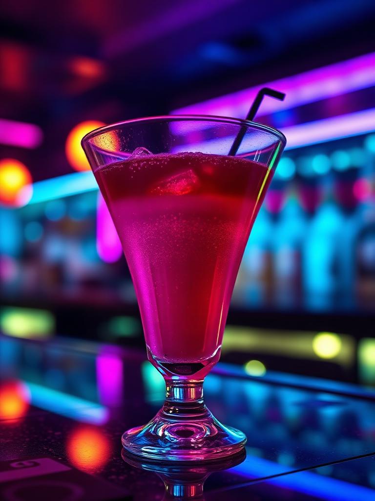 Luxury magenta cocktail at a Barcelona nightclub bar
