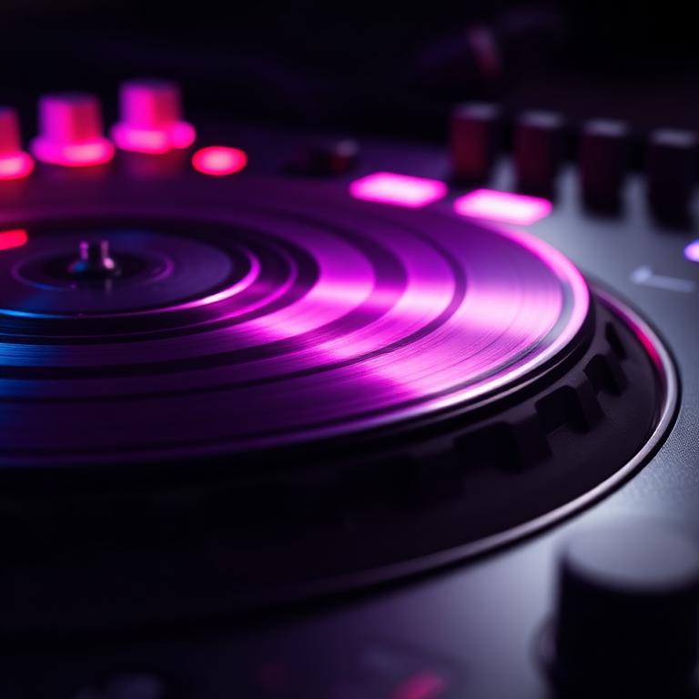 DJ turntable detail with neon lights