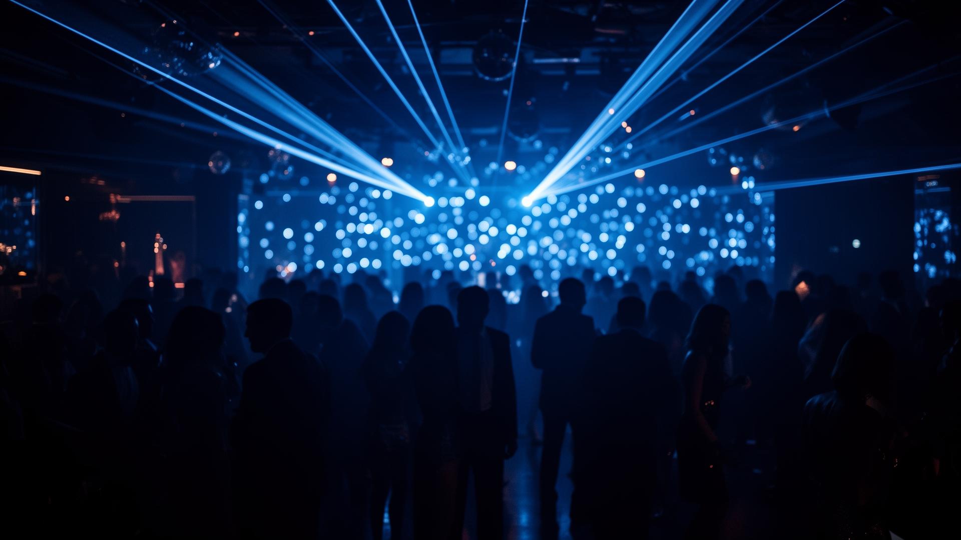 Luxury nightlife crowd in Barcelona with purple and pink bokeh lights