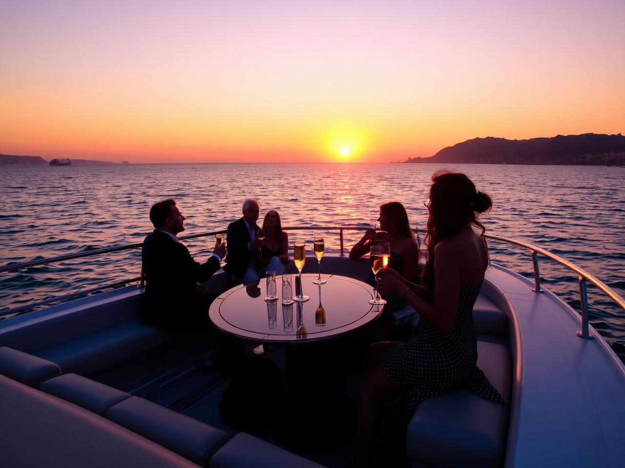 Private yacht party at night with skyline